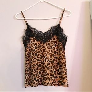 WDIRARA Women's Leopard Print Lace Cami Top - Sleeveless Bow Front, Ruffle Trim Camisole